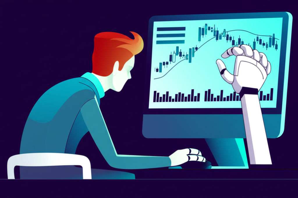 外匯交易中交易者觀察圖表,機器手臂操作滑鼠象徵自動化克服情緒障礙的插圖