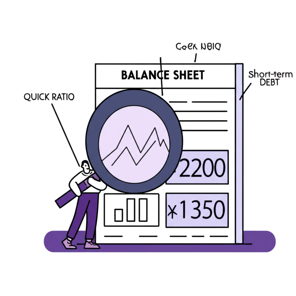 財務分析師使用放大鏡檢查資產負債表,顯示速動比率與短期債務