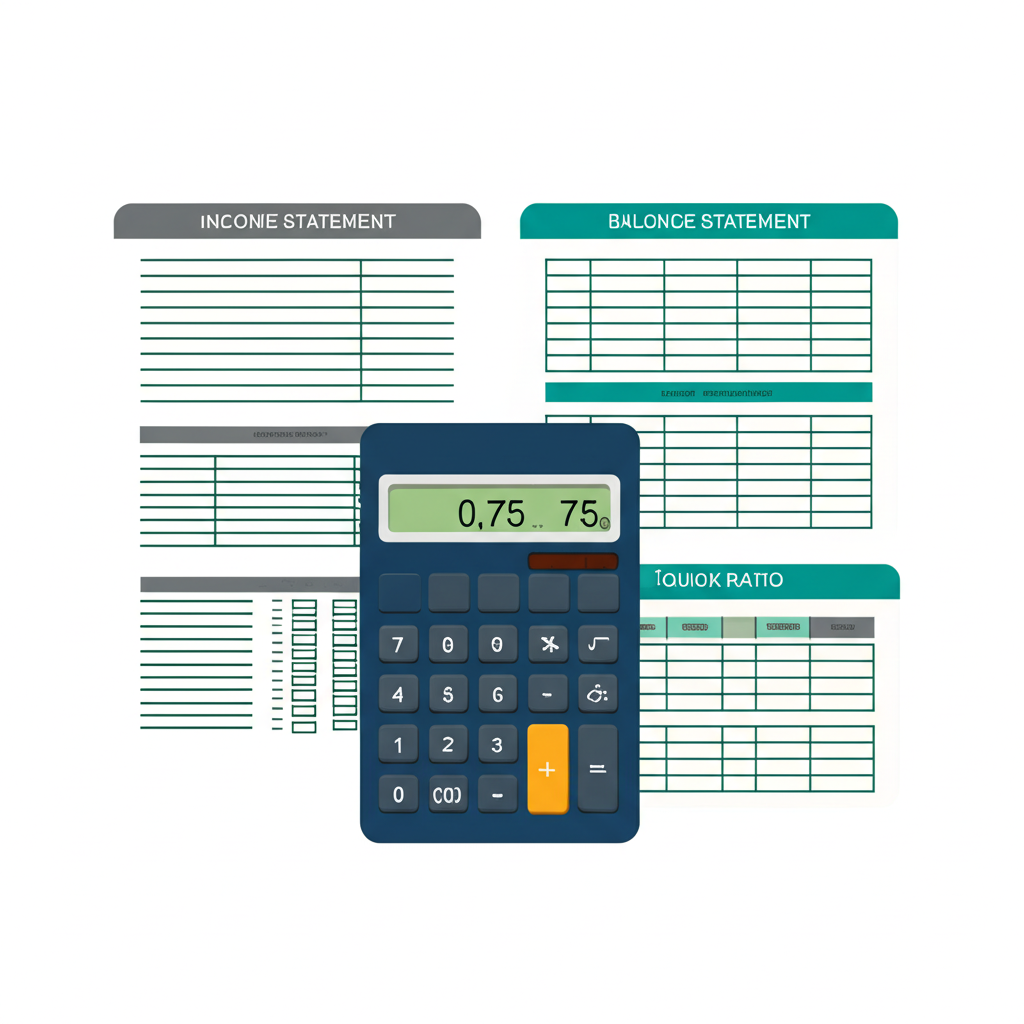 計算器顯示速動比率0.75,周圍環繞財務報表文件