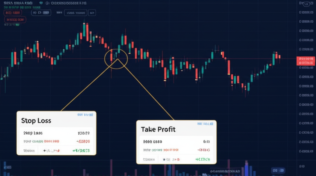 數位交易介面顯示停損與停利訂單連結，連接到波動的股票圖表