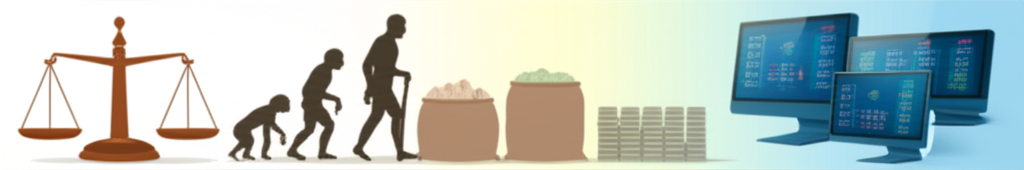 手數從傳統商品交易演變到現代電子外匯市場的時間線,顯示大宗秤盤轉變為數位貨幣單位畫面