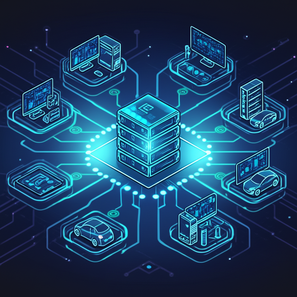 資料中心伺服器發光,連接遊戲PC、專業工作站與智慧汽車圖示