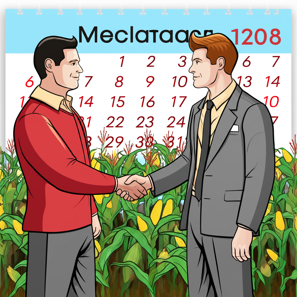 農夫與工廠主在玉米田握手，背景有日曆，象徵農業產品的未來合約