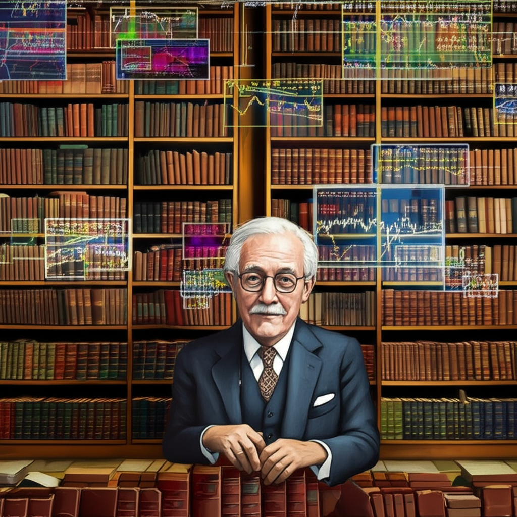 威爾斯·威爾德在圖書館中研究技術交易系統,周圍環繞圖表與指標