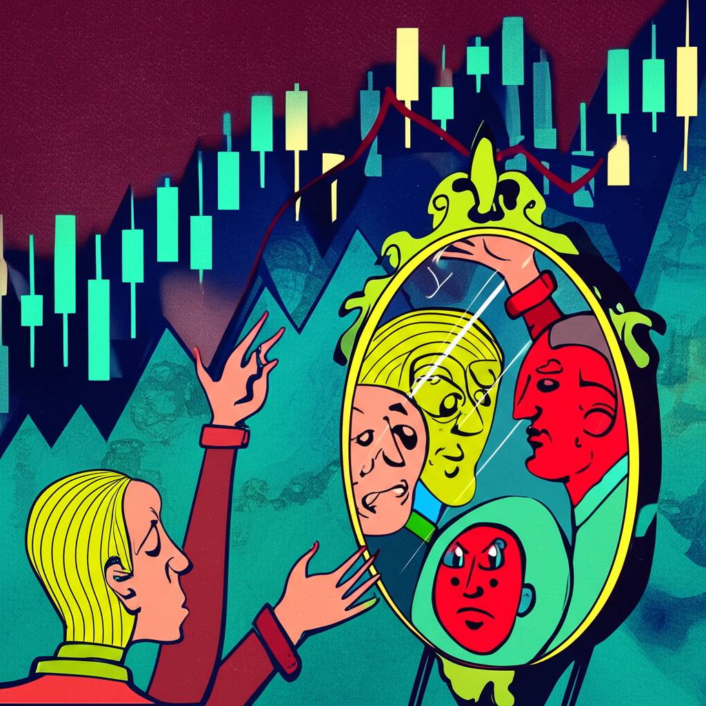 An illustration of a bustling financial market with abstract representations of greed and fear influencing stock prices a mirror reflecting collective investor psychology helping to identify market turning points