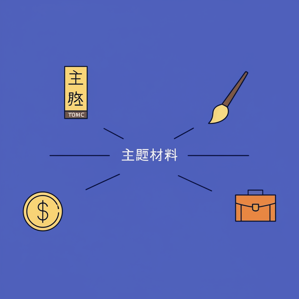 古漢語中「題」與「材」字樣融合演變成現代「題材」概念,應用於藝術、商業與金融領域的歷史語言演化插圖