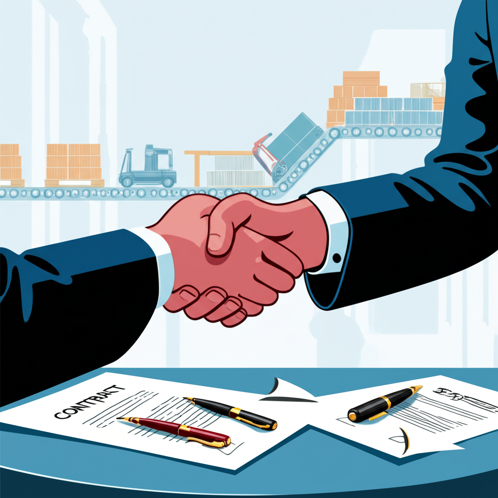 現代商業環境中握手、簽約與供應鏈交換的插圖,象徵企業取引與夥伴關係