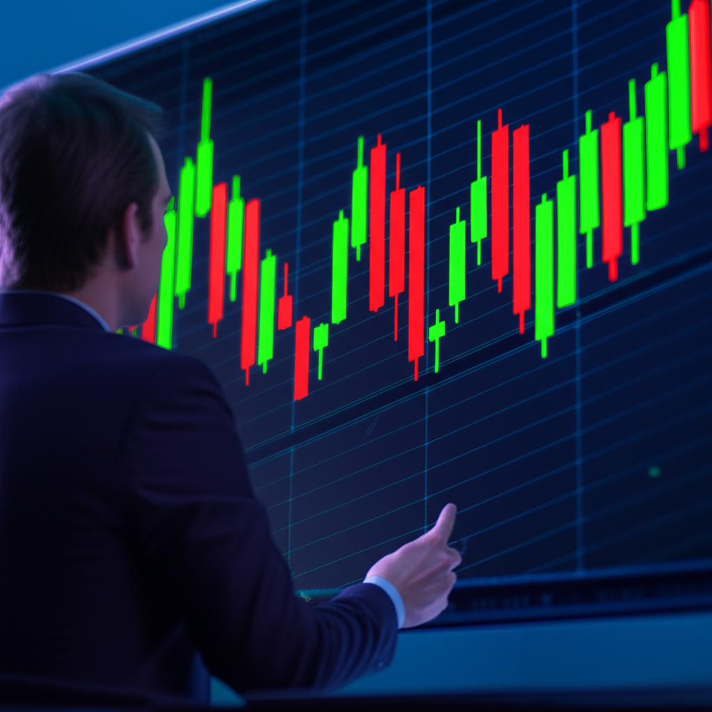 金融分析師研究大型K線圖顯示GBP USD趨勢，綠紅燭台代表市場力量的插圖