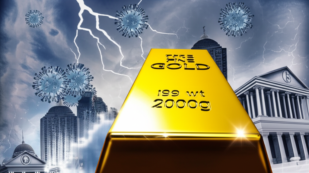 2020年黃金市場避險概念圖，描繪金條在風暴經濟與病毒及央行背景下閃耀的安全港灣