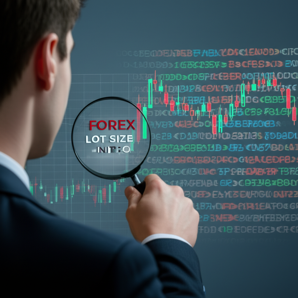 交易者透過放大鏡檢視外匯手數概念,背景包含貨幣對圖表與風險管理圖示