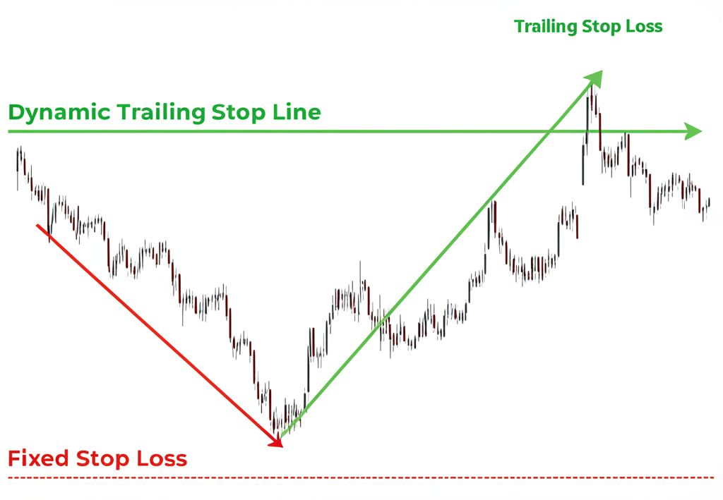 股價圖表上移動止損線與固定止損線的比較圖示