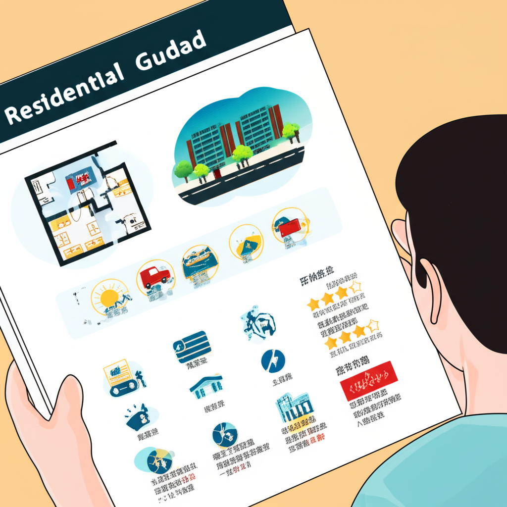 讀者瀏覽尋常院住宅專案指南插圖,包含建築資料、房價趨勢、公共設施、生活機能、住戶評價與投資分析的圖標
