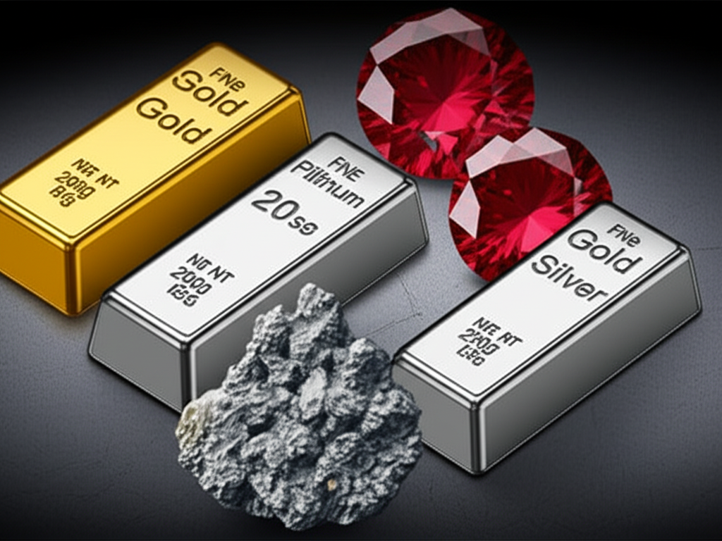 各種貴金屬如黃金、白銀、鉑金和鈀金閃耀光芒,象徵高價值與稀缺性