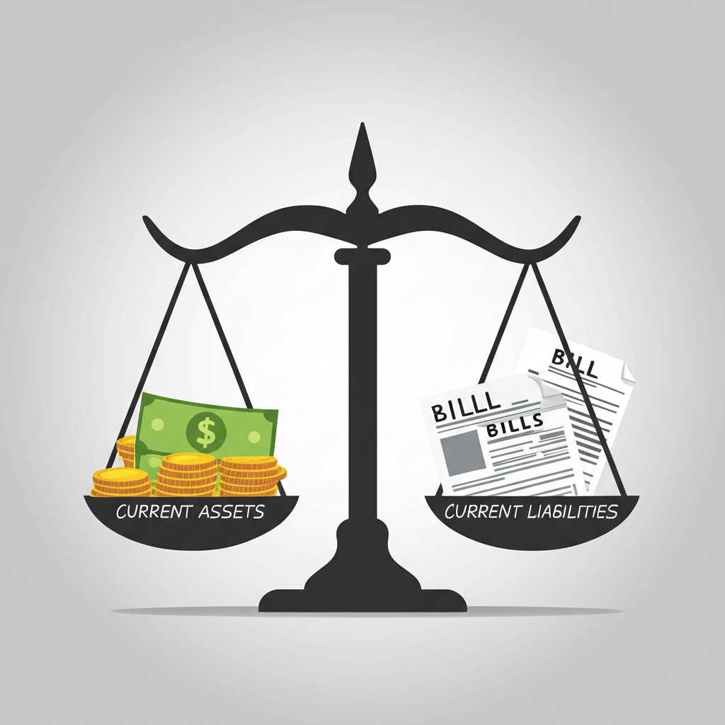 天平一側擺放流動資產,另一側為流動負債,象徵流動比率或營運資金比率,用以衡量企業短期債務償還能力的基本財務指標