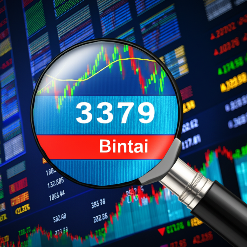 台灣股市中 3379 彬台作為潛力投資焦點的圖示，包含股價圖表和放大鏡檢查股票代號