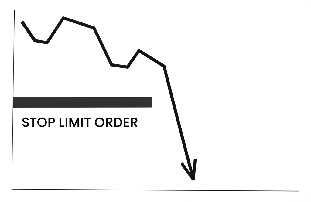 股票市場情境插圖,下降股價圖表配保護屏障標示停損限價單,防止急跌並確保最低賣價