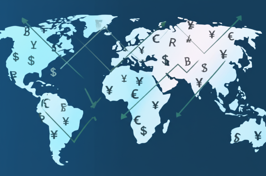 全球金融市場中各種貨幣與利率箭頭顯示資金流動與不確定性的插圖