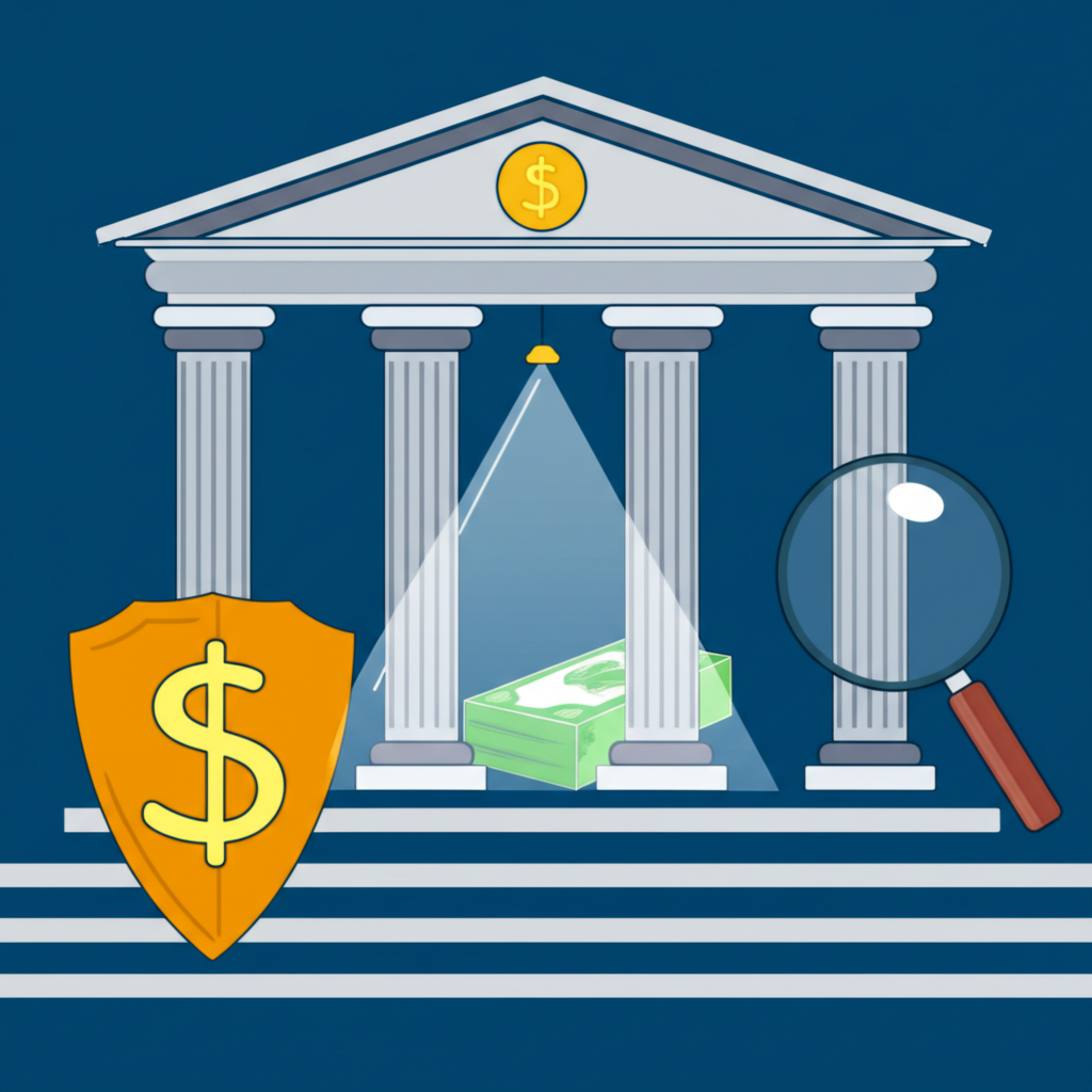 一座銀行建築物上,聚光燈照射大額存款交易,上方有放大鏡符號表示金融審查,以及盾牌象徵風險管理與防洗錢措施