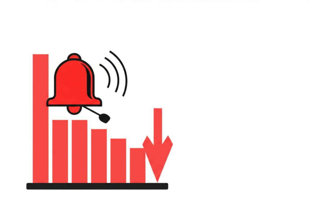 股票圖表顯示跳空下跌伴隨高成交量,紅色警鐘象徵強烈空頭訊號與投資者恐慌