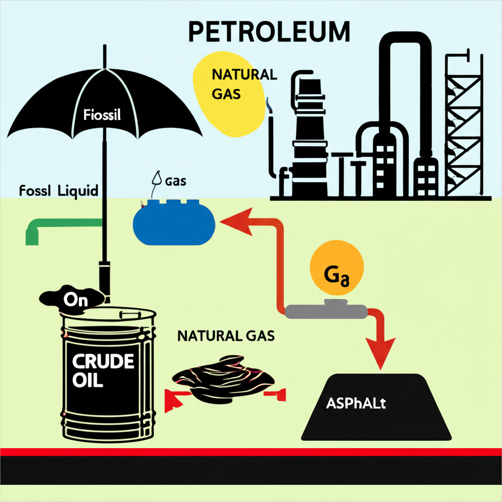 原油作為原始液態化石燃料與石油廣義術語的區別,包括天然氣和瀝青,顯示煉油廠將原油加工成產品