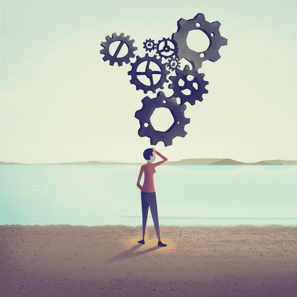 illustration of a person feeling stuck in a stagnant career path with gears not turning and a calm but unmoving river in the background representing lack of progress