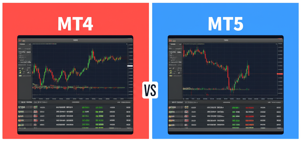 MT4 與 MT5 平台並排比較，MT5 展示更詳細圖表、多指標和訂單類型，強調其進階功能
