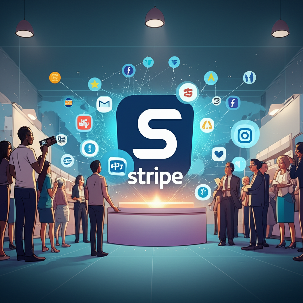 Stripe IPO 全球市場期待示意圖,展示數位支付圖標與興奮人群