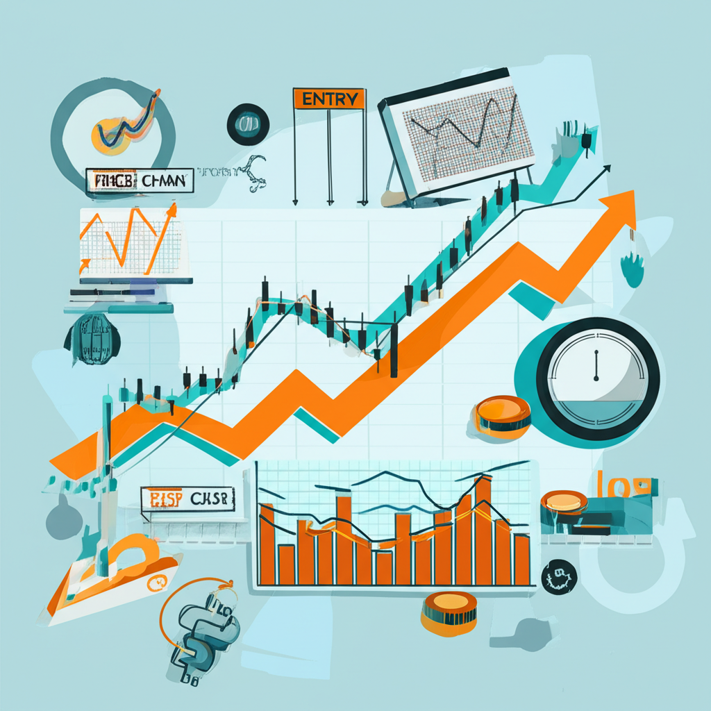 An illustration depicting the core of forex technical analysis where historical price and volume data on charts predict future currency movements in a 24-hour global market aiding strategic entry exit and risk management