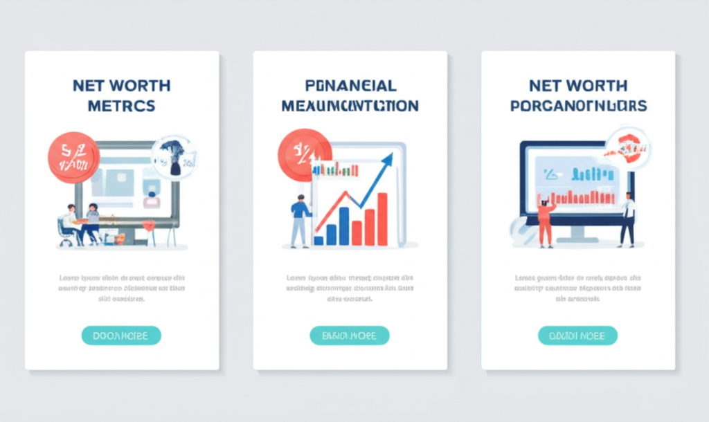 三個情境圖示:個人追蹤財富、公司財務健康與投資者決策,受淨值指標引導