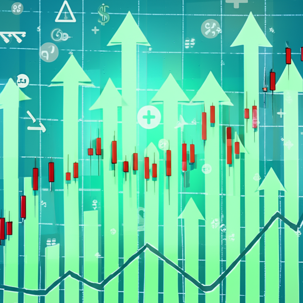 金融市場上漲箭頭與正面符號，代表利多新聞與投資者樂觀