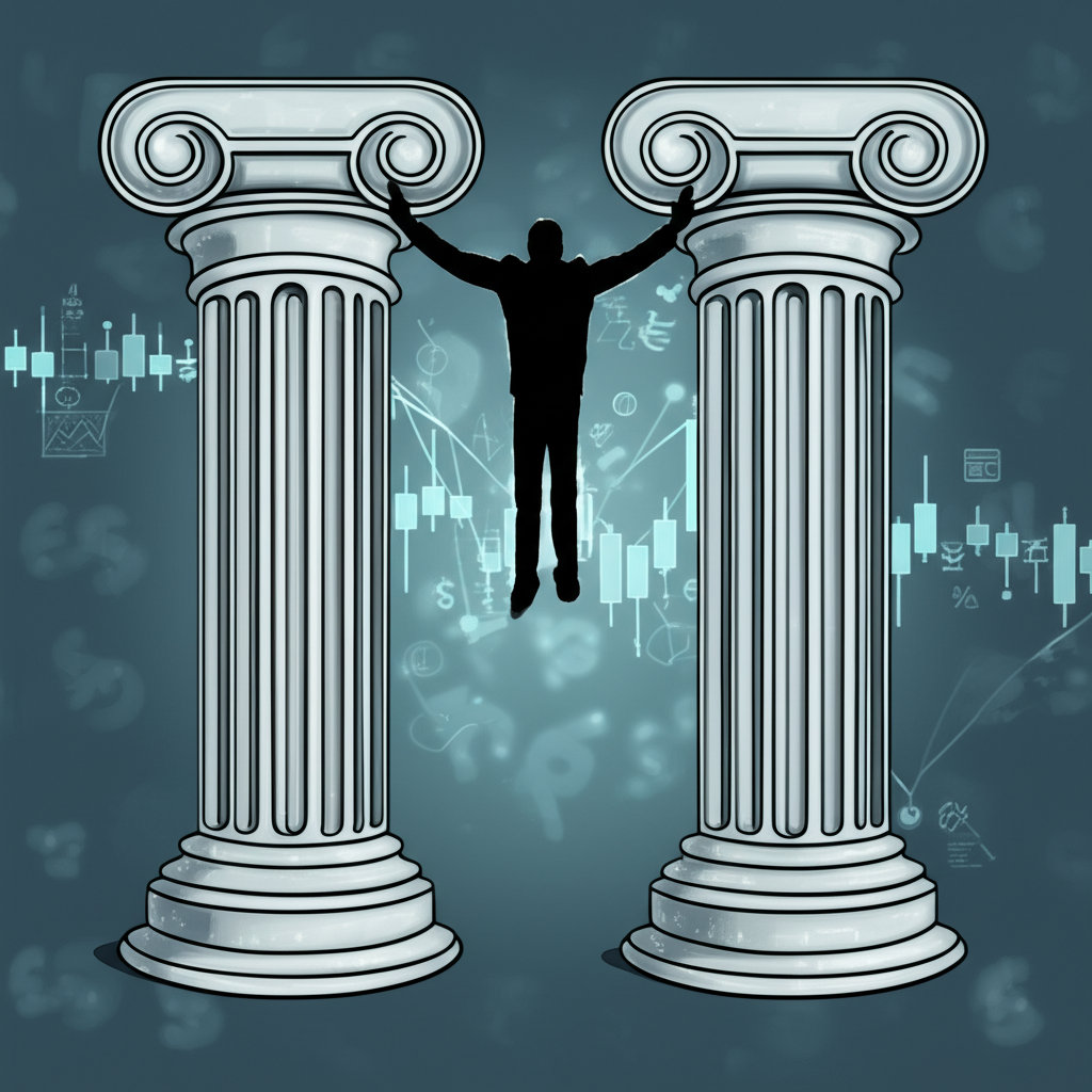 技術分析與基本面分析兩大支柱插圖,在外匯市場環境中並立,一側展示圖表與模式,另一側呈現經濟、政治及新聞符號,一位人士連結兩柱以獲取全面視野