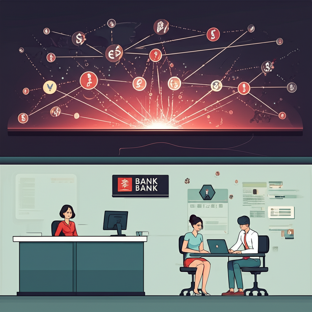 圖示顯示兩個場景:一個是全球電子交易平台連結銀行與企業,另一個是台灣銀行櫃台與人士使用筆電進行線上銀行,所有元素伴隨貨幣符號