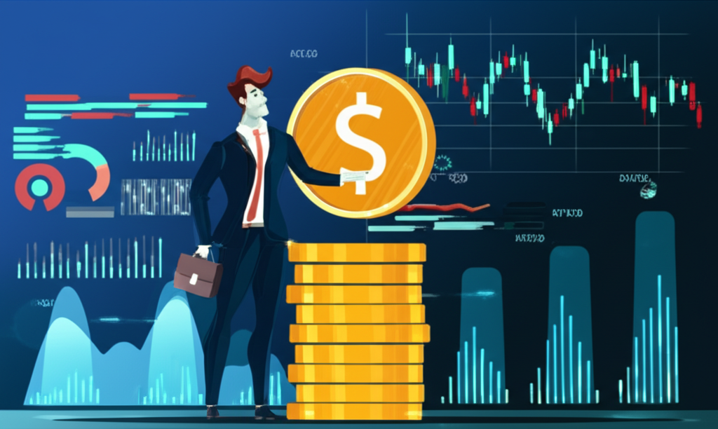 投資經理人自信駕馭金融市場,創造額外價值的插圖,象徵正Alpha值的黃金機會