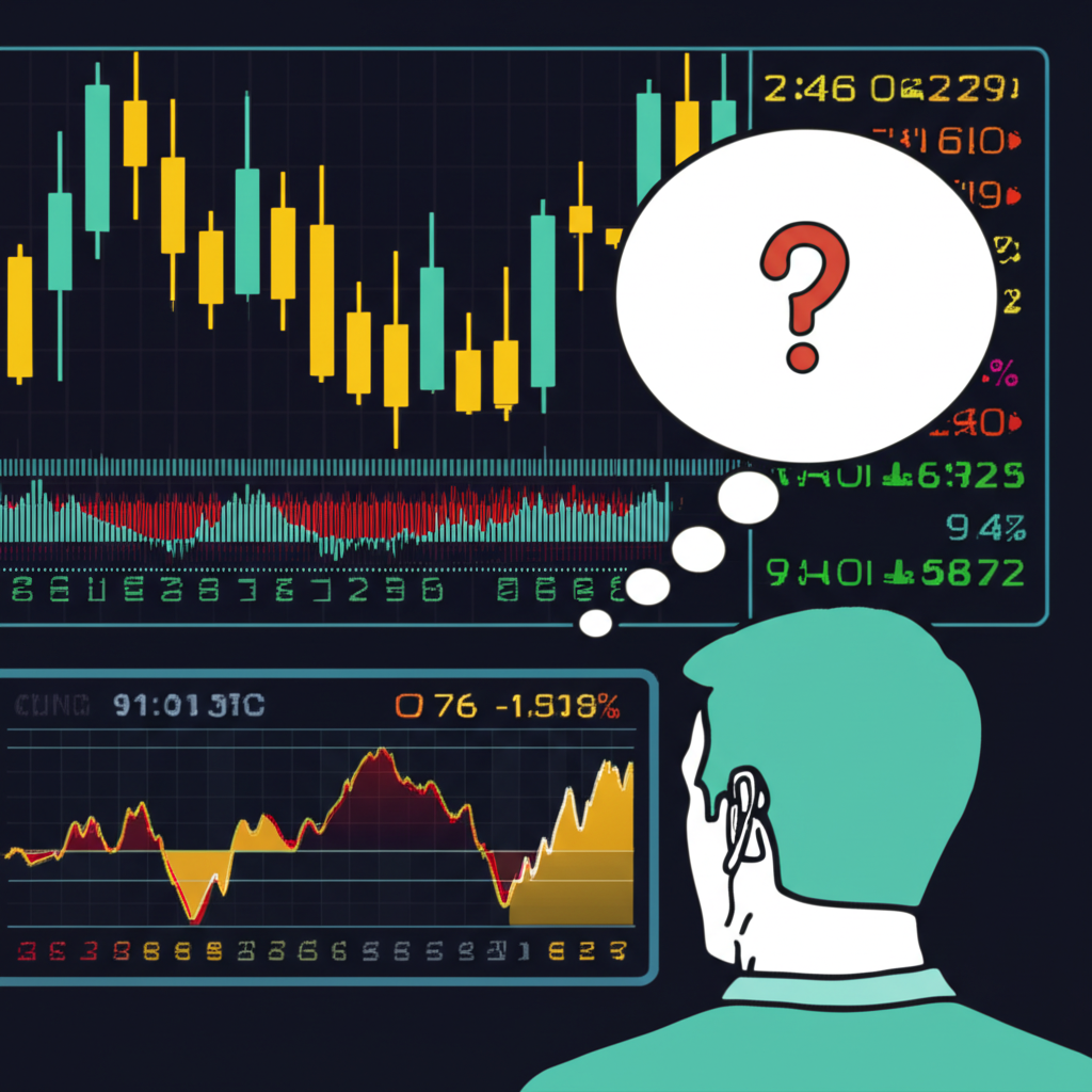 投資者觀看數位股票圖表並思考K線圖英文名稱的插圖