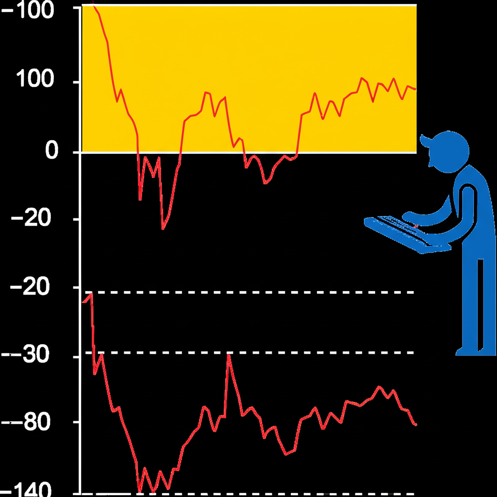 威廉指標在0到-100間震盪，標示極端區域，一位交易者在觀察這些變化以做決定
