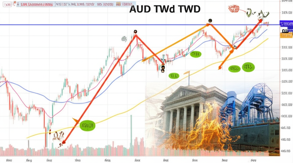 一張動態財務圖表顯示澳元兌台幣匯率一年內的波動，背景包含大宗商品價格指標和央行建築，代表貨幣政策影響