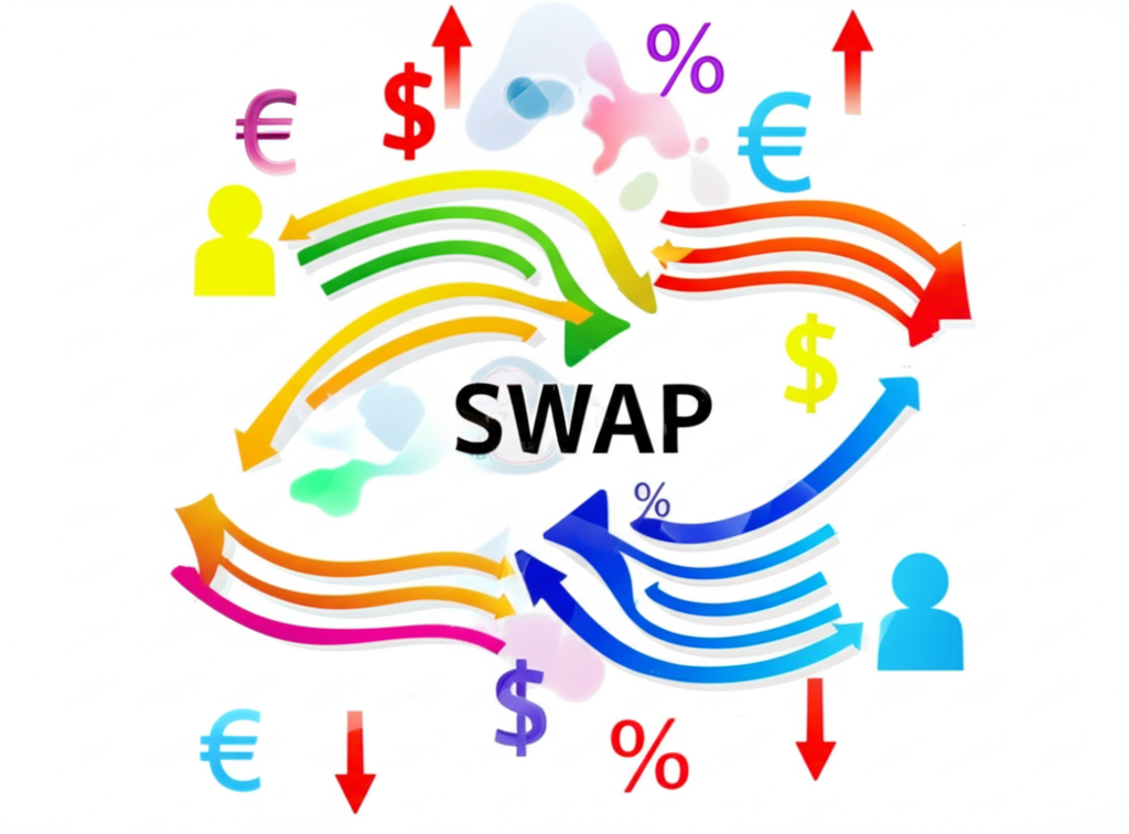 掉期交易中現金流交換的示意圖,顯示雙方以不同顏色箭頭交換資金流,背景有大型名義本金與金融符號