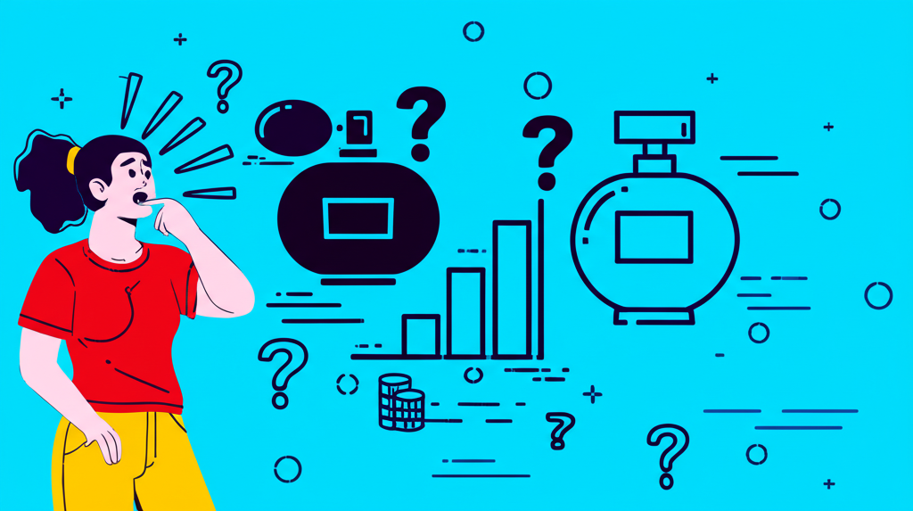 數位時代中，一人困惑於金融符號與香水瓶的雙重意象，周圍環繞問號