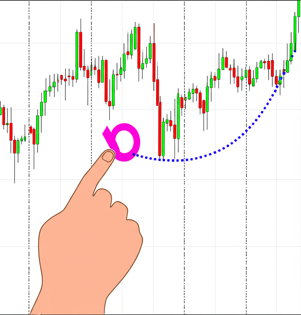 股票圖表顯示價格 K 線與拋物線點,反轉訊號處有手指出向