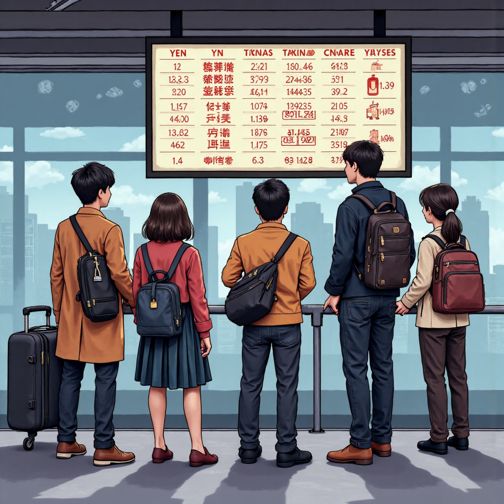 台灣旅客觀看顯示日圓匯率波動的電子看板,帶有興奮與沉思的表情插圖