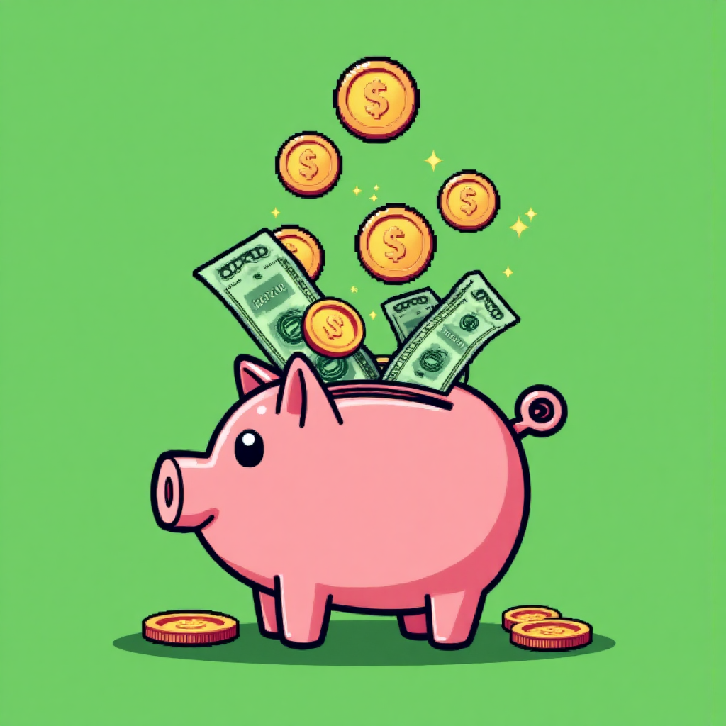 豬仔撲滿溢出金幣和股票證書的卡通插圖,代表被動收入與財富累積