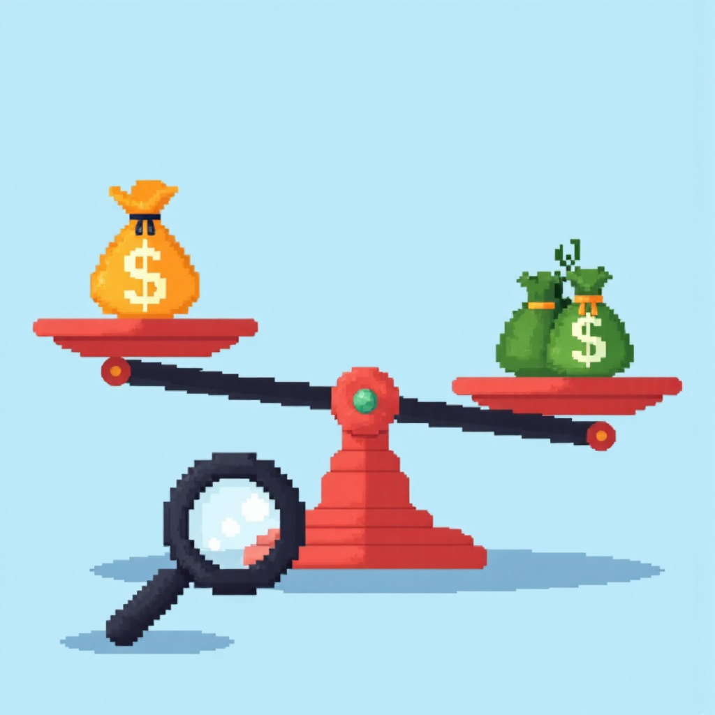 平衡秤上股票符號與錢袋的像素藝術插圖，藍色背景配放大鏡檢查