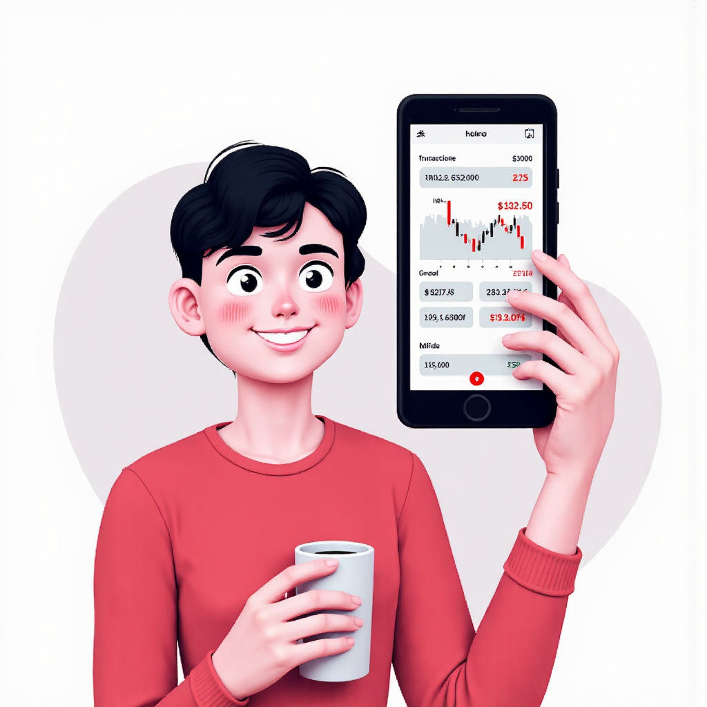 像素藝術風格的投資人使用手機查看股票交易應用程式細節圖