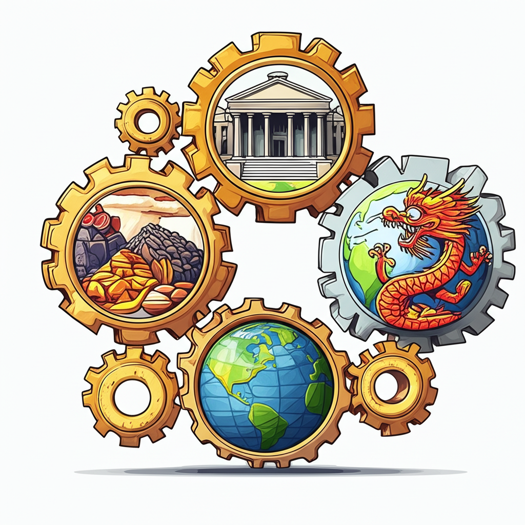 一組互聯齒輪象徵影響澳元匯率的關鍵因素，包括央行建築、大宗商品堆疊、全球經濟地球儀，以及中國龍代表中國影響
