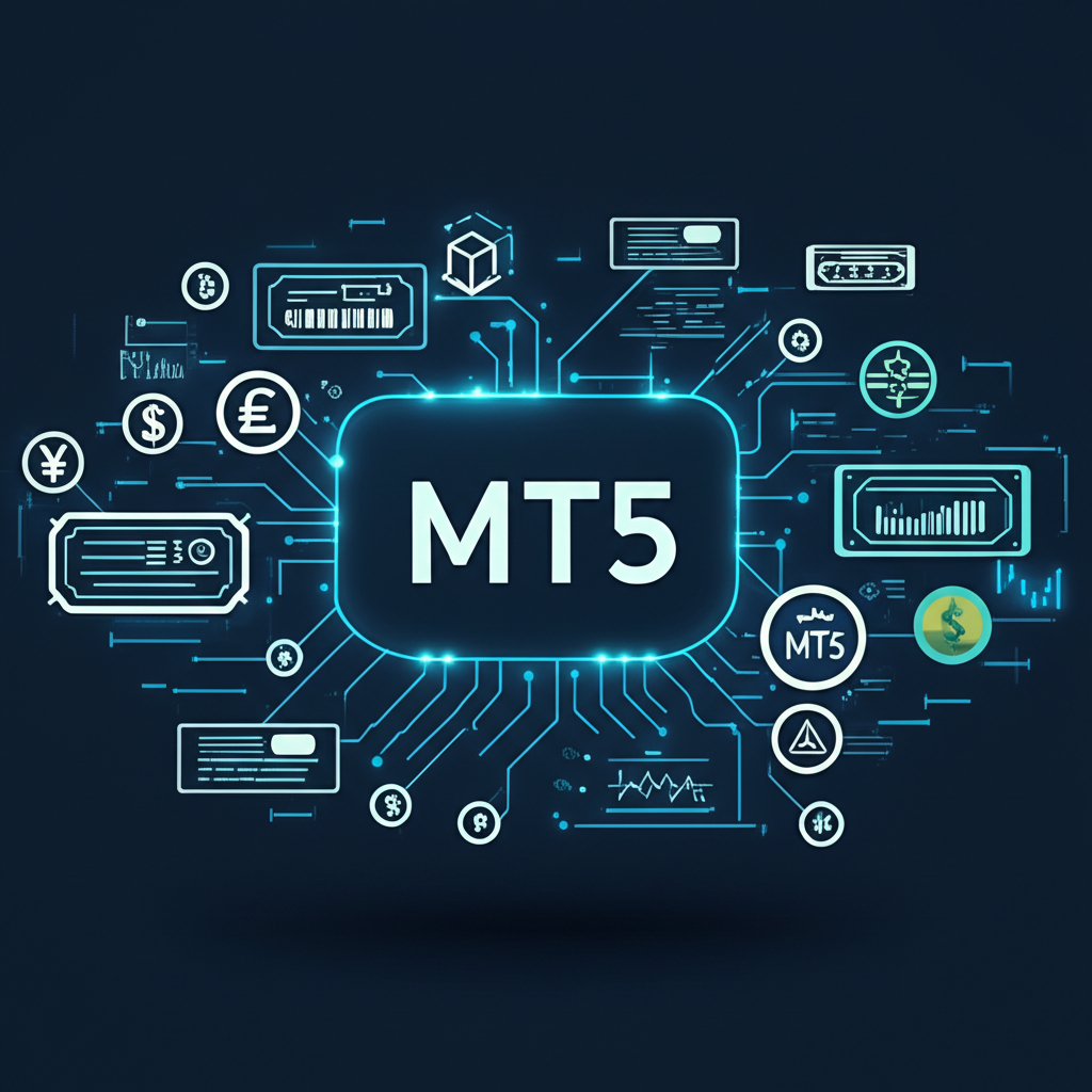 MT5 標誌周圍環繞股票、外匯、期貨和債券等資產圖示，透過數位線條連接，象徵多資產交易平台