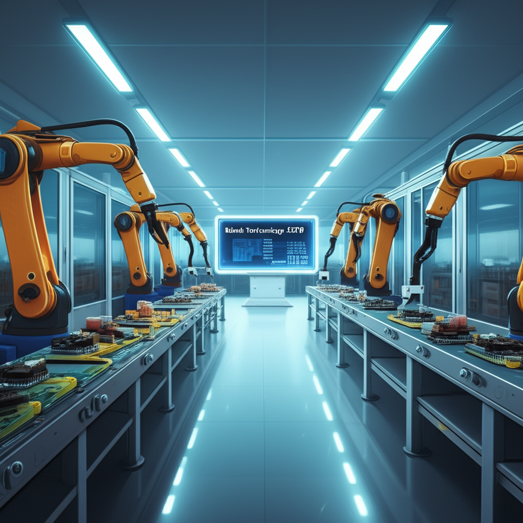 自動化工廠地板上機器人組裝電子元件的插圖，中央控制面板象徵彬台科技 3379 作為解決方案提供者