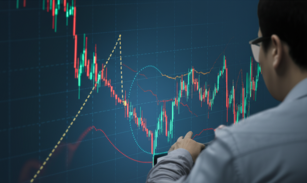 金融圖表上的拋物線轉向指標顯示趨勢反轉點,專業投資者分析市場