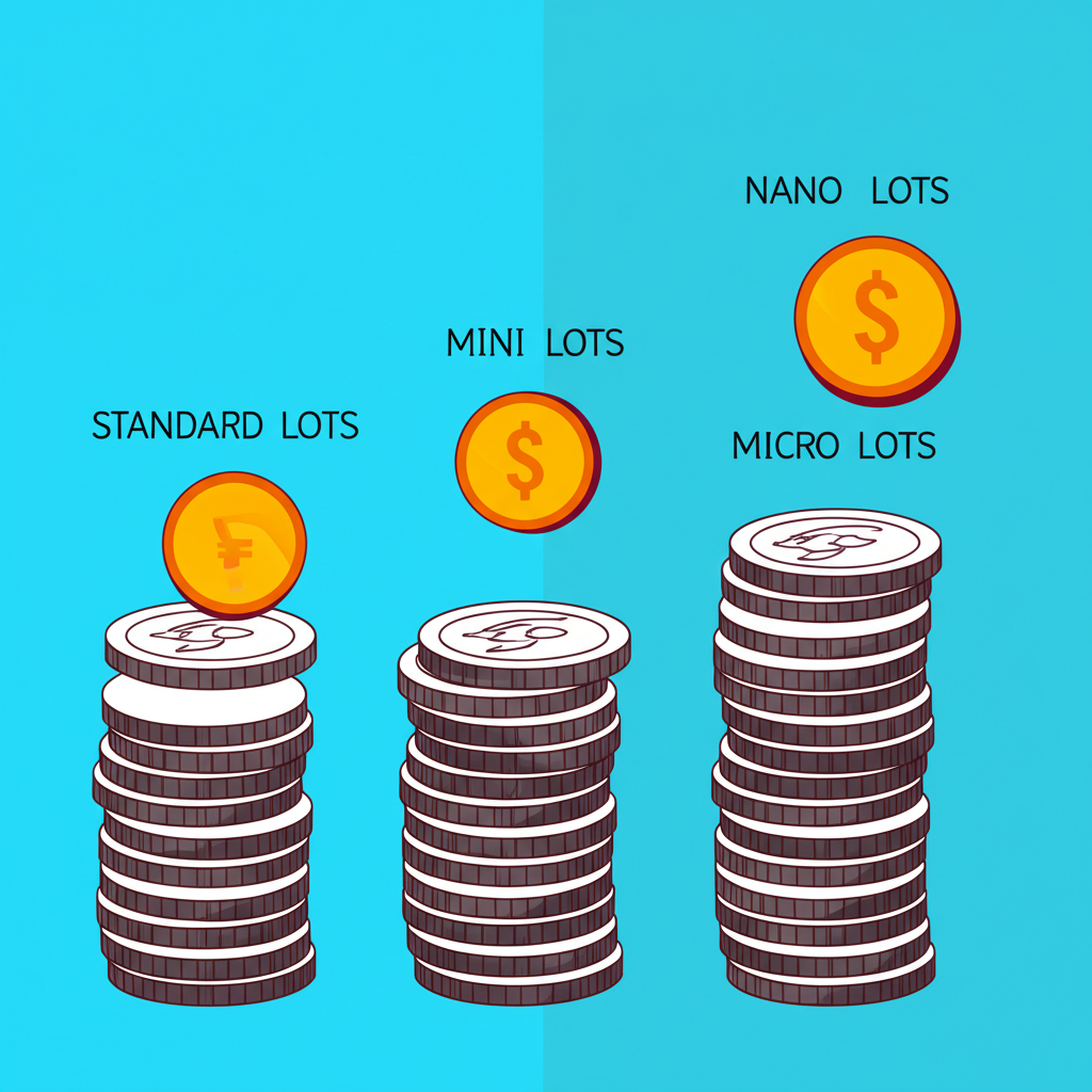 不同外匯手數類型以貨幣堆疊或圖示呈現,標準、迷你、微型、納米手適合從新手到機構投資者的多樣需求