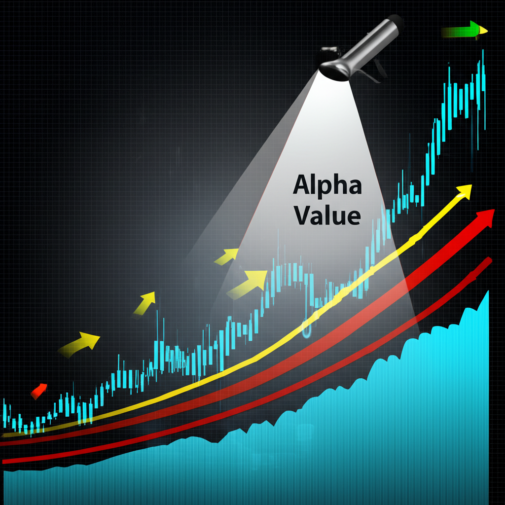 金融市場圖表顯示波動報酬與Alpha值指標的插圖,象徵優異表現與決策指引