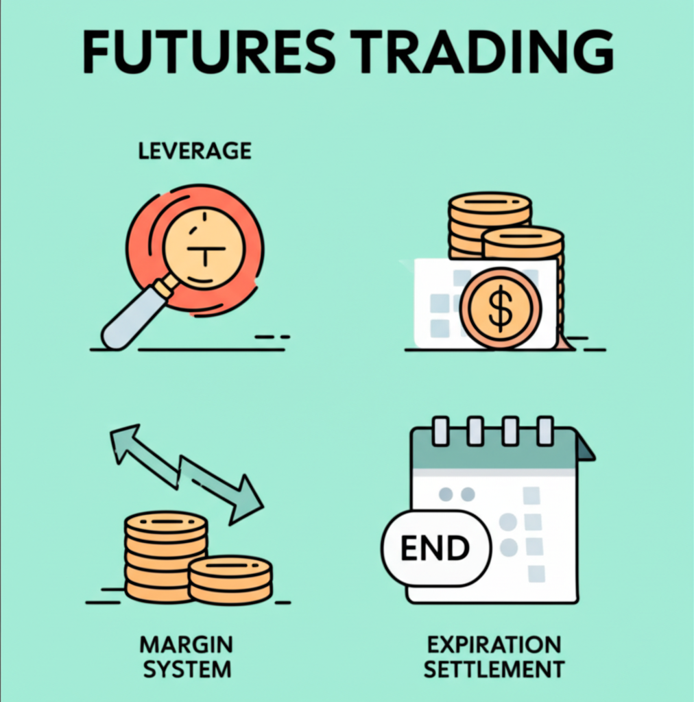四個圖示代表期貨交易的核心特性，包括槓桿、雙向交易、保證金制度和到期結算，以資訊圖風格呈現